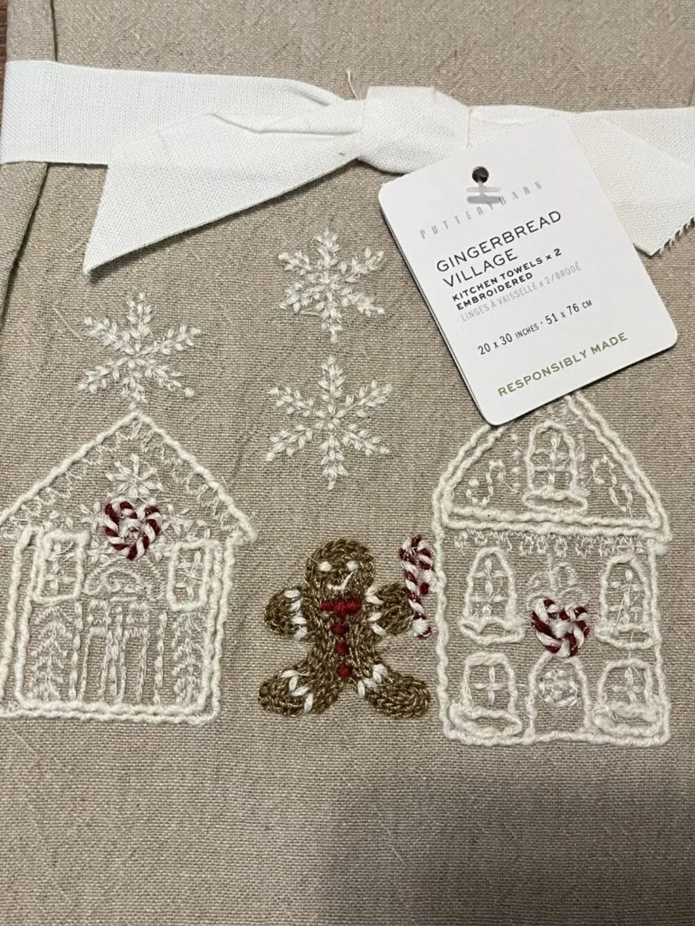 Pottery Barn Gingerbread Village Set of 2 Embroidered Kitchen Towels 20 x 30 in